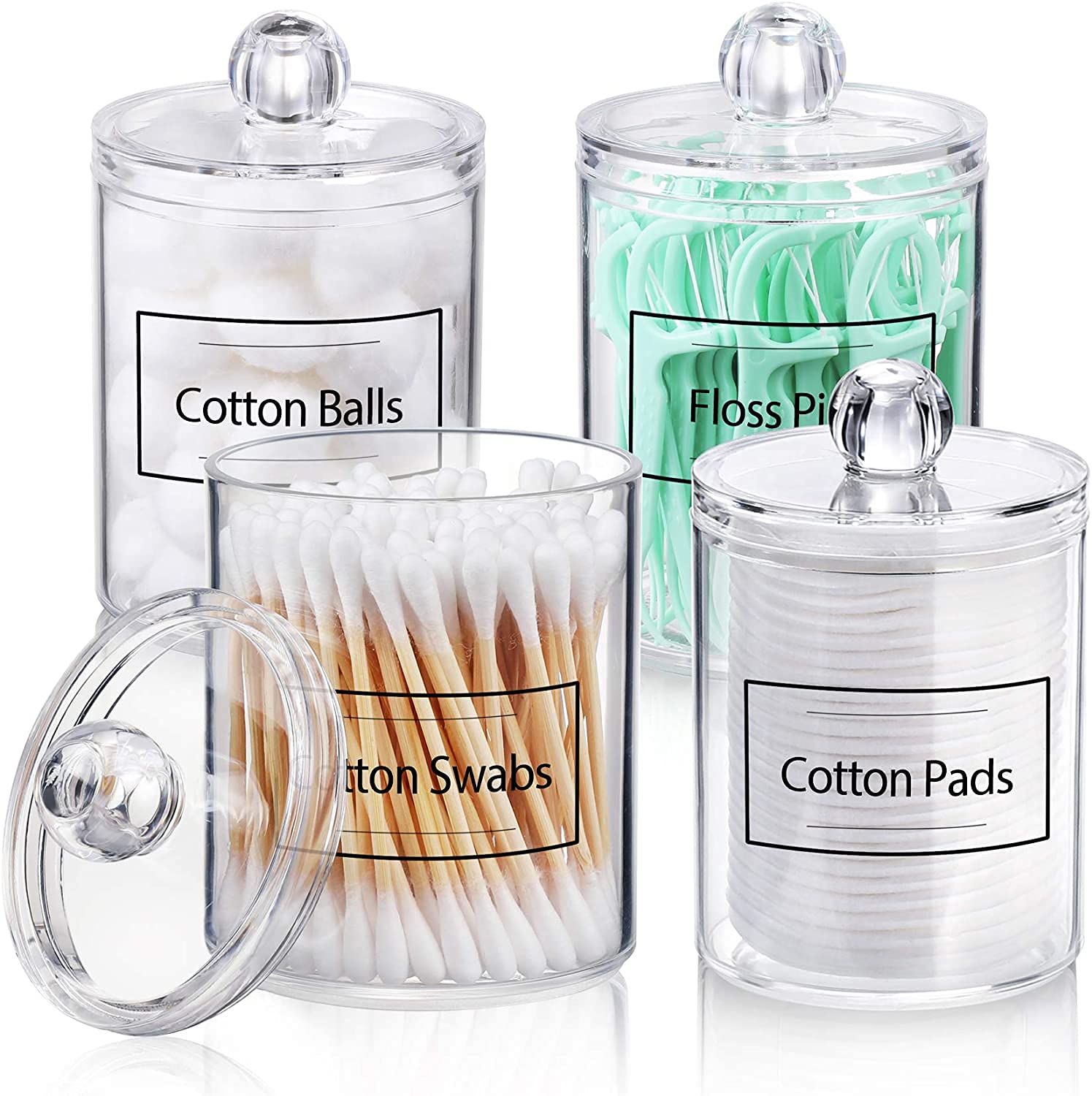 Zollyss 4 Pack Qtip Holder Dispenser for Cotton Ball Cotton Swab Cotton Round Pads, Floss - 15 oz Clear Plastic Apothecary Jar S